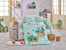 Load image into Gallery viewer, Organic-Cotton-Baby-Cot-sheet-quilt-set-Baby-Owls-Mint-Cot-Set-ten-piece-Image