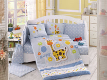 Load image into Gallery viewer, Organic-Cotton-Baby-Cot-sheet-quilt-set-Giraffe-Blue-Cot-Set-ten-piece-Image
