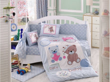 Load image into Gallery viewer, Organic-Cotton-Baby-Cot-sheet-quilt-set-Teddy-bear-blue-Cot-Set-ten-piece-Image