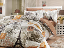 Load image into Gallery viewer, organic-cotton-quilt-cover-set-Paris-London-brown-gold-yellow-queen-size