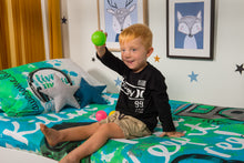 Load image into Gallery viewer, organic-cotton-quilt-cover-set-jammin-music-graffiti-speakers-green-single-display-boy sitting-holding-ball