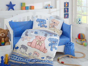 Organic-Cotton-Baby-Cot-sheet-Quilt-set-teddy-bear-Cuddly-Blue-four-piece-image