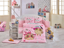 Load image into Gallery viewer, Organic-Cotton-Baby-Cot-sheet-quilt-set-Baby-Owls-Pink-Cot-Set-ten-piece-Image