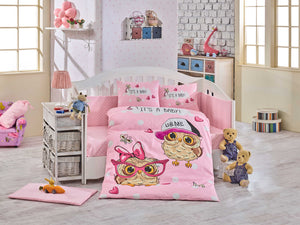 Organic-Cotton-Baby-Cot-sheet-quilt-set-Baby-Owls-Pink-Cot-Set-ten-piece-Image