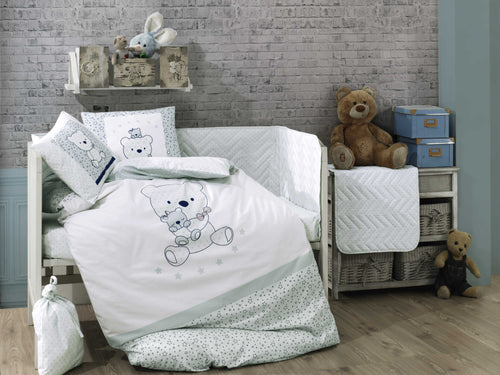 Organic-Cotton-Baby-Cot-sheet-quilt-set-teddy-bear-Bonita-Mint-four-piece-image