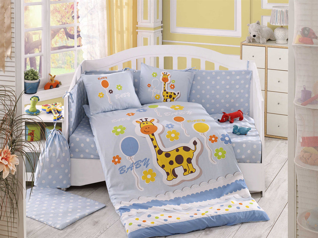 Organic-Cotton-Baby-Cot-sheet-quilt-set-Giraffe-Blue-Cot-Set-ten-piece-Image