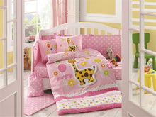 Load image into Gallery viewer, Organic-Cotton-Baby-Cot-sheet-quilt-set-Giraffe-Pink-Cot-Set-ten-piece-Image