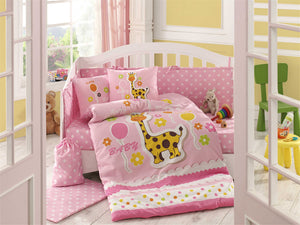 Organic-Cotton-Baby-Cot-sheet-quilt-set-Giraffe-Pink-Cot-Set-ten-piece-Image