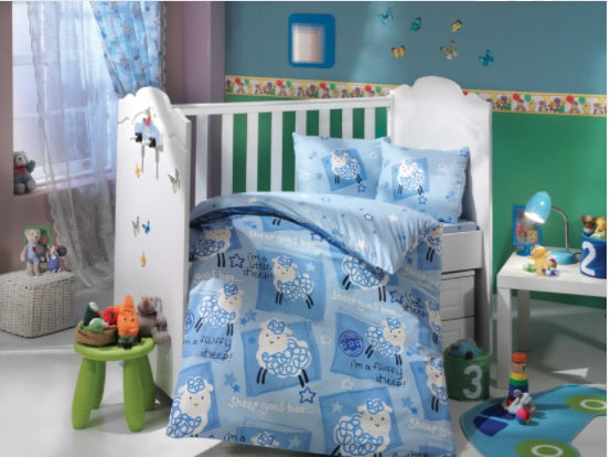Organic-Cotton-Baby-Cot-sheet-quilt-set-Little-sheep-blue-four-piece-image