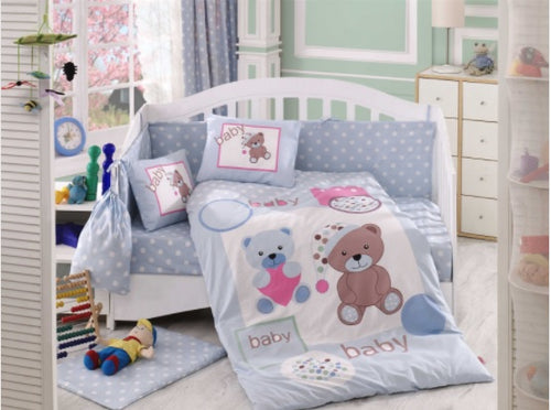 Organic-Cotton-Baby-Cot-sheet-quilt-set-Teddy-bear-blue-four-piece-image