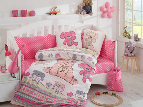 Organic-Cotton-Baby-Cot-sheet-quilt-set-teddy-bear-Cuddly-Pink-four-piece