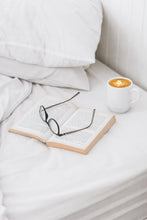 Load image into Gallery viewer, white sheet set with glasses book and coffee luna luxury