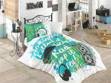 Load image into Gallery viewer, organic-cotton-quilt-cover-set-jammin-music-graffiti-speakers-green-single