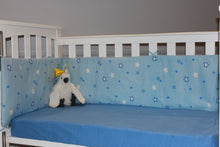 Load image into Gallery viewer, organic-natural-cotton-baby-half-cot-bumper-big-star-blue-jersey-fitted-sheet-cockatoo-image
